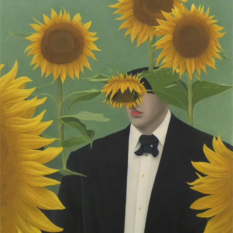 Image similar to portrait of a faceless sunflower - head man in a suit by rene magritte, detailed painting, distance, centered, hd, hq, high resolution, high detail, 4 k, 8 k