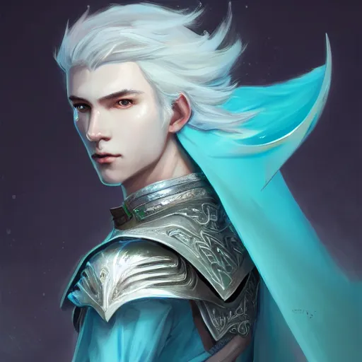 Prompt: half length portrait of a handsome male snow elf in a turquoise cape and silver ornate armour as an archer, albino skin, ethereal opalescent mist, perfect face, elegant, very coherent symmetrical artwork, atmospheric lighting, rule of thirds, by wenjun lin, krenz cushart, charlie bowater, trending on artstation