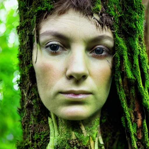 Image similar to a portrait of a woman made of tree roots and sticks, moss, mother nature, green