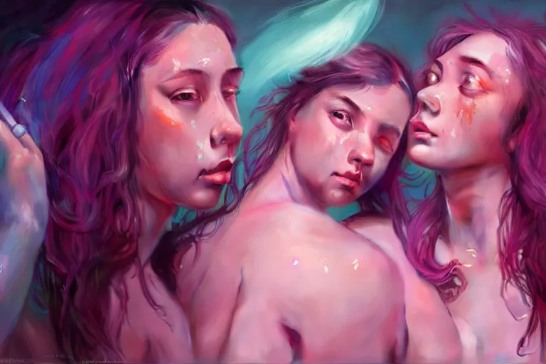 Image similar to three college girls rolling hard on ecstasy, drenched in sweat and covered in florescent paint, kissing sensually with dilated pupils, realistic portrait, highly detailed, digital painting, artstation, concept art, smooth, sharp focus, illustration, cinematic lighting, art by artgerm and greg rutkowski and alphonse mucha