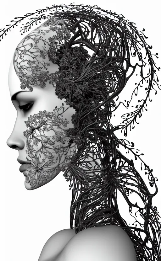 Prompt: a black and white 3D render of one beautiful profile face portrait of a female vegetal-dragon-cyborg, 150 mm, orchid stems, magnolias, black butterflies, fine lace, Mandelbrot fractal, anatomical, flesh, facial muscles, cable wires, microchip, veins, arteries, full frame, microscopic, elegant, highly detailed, flesh ornate, elegant, high fashion, rim light, octane render in the style of H.R. Giger and Man Ray