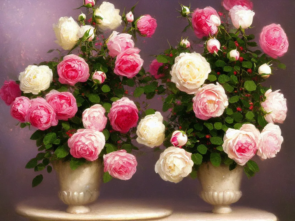 Prompt: a vase with brier roses, style thomas kinkade