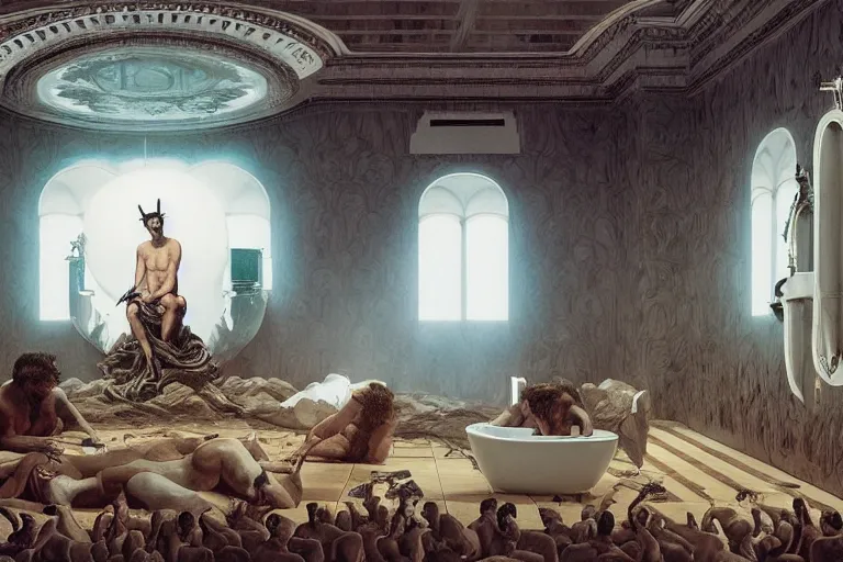 Image similar to hyperrealism aesthetic ridley scott and caravaggio and denis villeneuve style photography of a detailed giant, siting on a detailed ultra huge toilet in surreal scene from detailed art house movie in style of alejandro jodorowsky and wes anderson