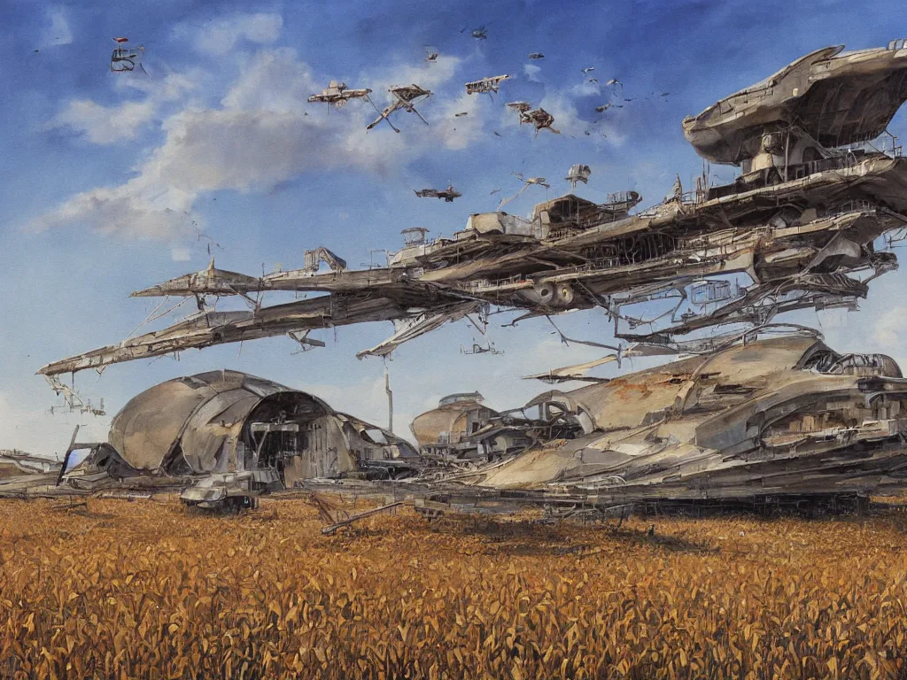 Image similar to A fantastic painting of a dilapidated post-modern building on a wheat field with an abandoned spaceship parked on the roof of the building, by Robert McCall, Trending on artstation, very detailed