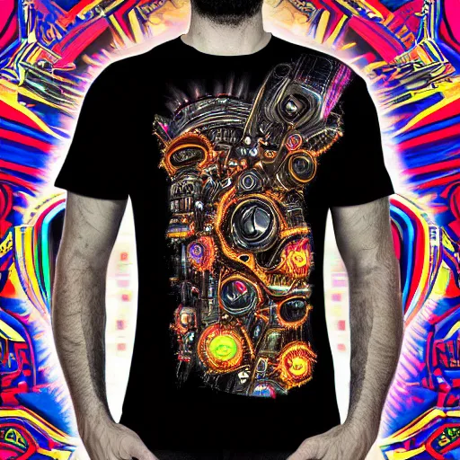 Image similar to black tshirt with a hyperdetailed portrait of a trippy diesel punk robot, 8 k, symetrical, flourescent colors, halluzinogenic, multicolored,