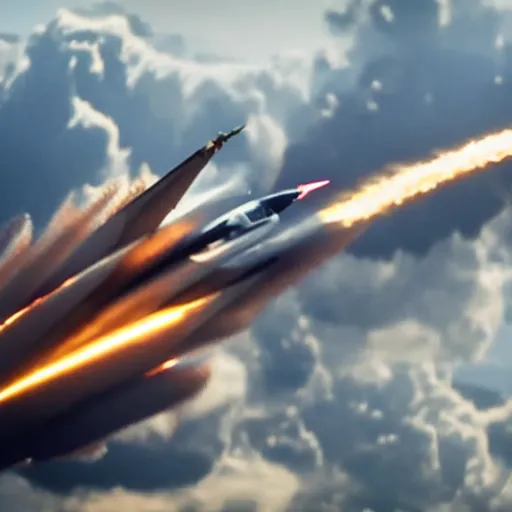 Image similar to cinematic areal shot of a fighter jet exploding from the energy wave