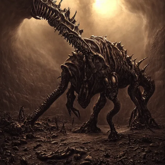 Image similar to photorealistic eldritch deathclaw in a post apocalyptic wasteland in the style of michael whelan and gustave dore. hyperdetailed photorealism, 1 0 8 megapixels, amazing depth, high resolution, 3 d shading, 3 d finalrender, 3 d cinematic lighting, glowing rich colors, psychedelic overtones, artstation concept art.