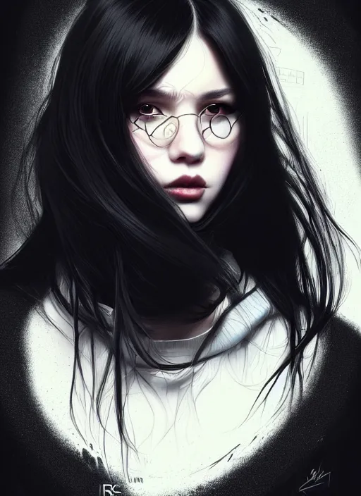 Image similar to portrait of long black hair girl within a streetwear. cynical face, concept art, cyberpunk illustration, intricate, highly detailed 8 k, smooth, matte, sharp focus, rim light, beautiful and aesthetic shape of face and body, artgerm, artstation, art by rinotuna