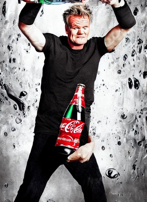 Image similar to Gordon Ramsey chugging an entire 2 liter bottle of coca cola, intense expressionistic photograph, high quality, detailed, sharp