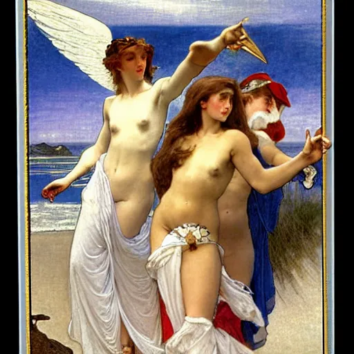 Image similar to Angels with jester hats and clothes forming a circle on the front of a Balustrade with a beach and a sail boat on the background, major arcana cards, by paul delaroche, alphonse mucha and arnold böcklin arnold böcklin hyperrealistic 8k, very detailed