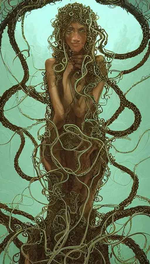 Image similar to very detailed portrait of a 2 0 years old girl surrounded by tentacles, the youg woman visage is blooming from fractal and vines, by ian mcque