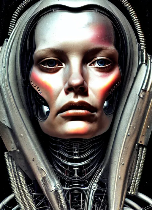 Prompt: a young beautiful female cyborg profile face, by h. r. giger, by ismail inceoglu, by kiki smith, glamor shot, vintage, closeup, f / 2. 8, low contrast, 1 6 k, rim lighting, cinematic lighting, insanely detailed and intricate, hypermaximalist, elegant, ornate, hyper realistic, super detailed