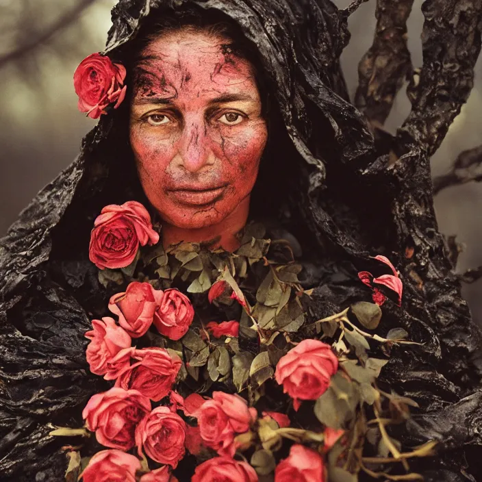 Prompt: closeup portrait of a woman wearing a cloak of roses in a charred, burnt forest, by Annie Leibovitz and Steve McCurry, natural light, detailed face, CANON Eos C300, ƒ1.8, 35mm, 8K, medium-format print