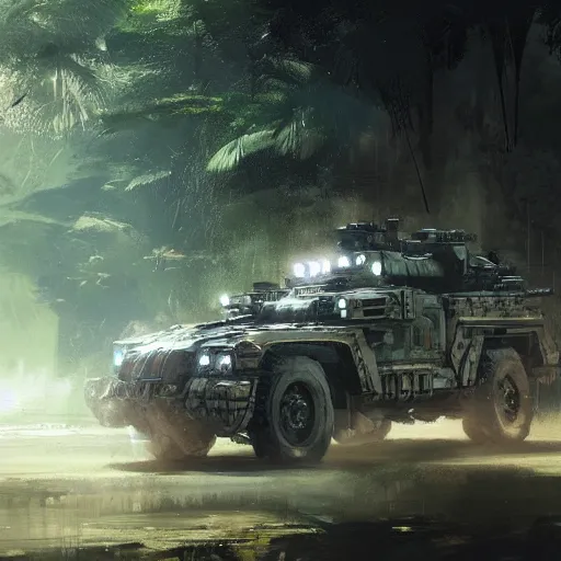 Prompt: an armored vehicle driving through the jungle, dramatic lighting, illustration by Greg rutkowski, yoji shinkawa, 4k, digital art, concept art, trending on artstation