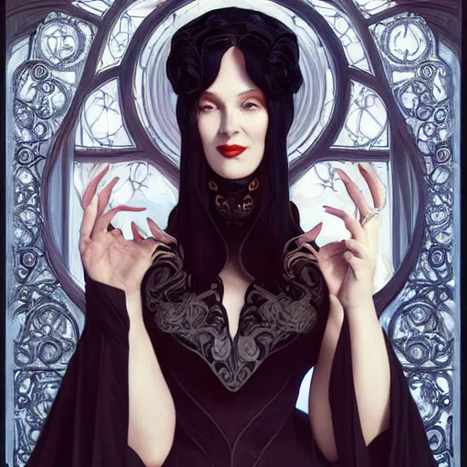 Image similar to catherine o'hara as morticia addams, masterpiece, intricate, elegant, highly detailed, digital painting, artstation, concept art, smooth, sharp focus, illustration, art by artgerm and greg rutkowski and alphonse mucha and uang guangjian and gil elvgren and sachin teng, symmetry!!