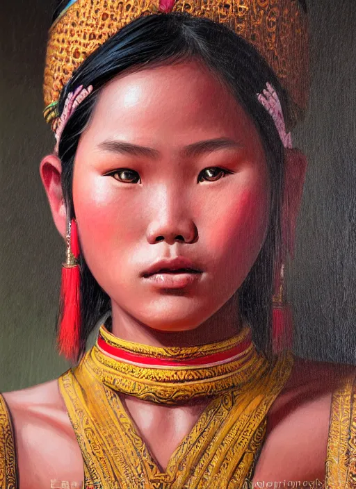 Image similar to portrait of a beautiful teen khmer ethnic northeast thailand, closeup portrait, historical, ethnic group, traditional costume, elegant, loin cloth, highly detailed, oil painting, artstation, concept art, matte, sharp focus, illustration, hearthstone, art by earl norem