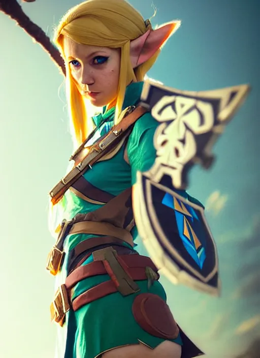 Prompt: female cosplayer wearing zelda cosplay. art by greg rutkowski, art by pascal blanche. crisp quality. digital photography. trending in deviantart.