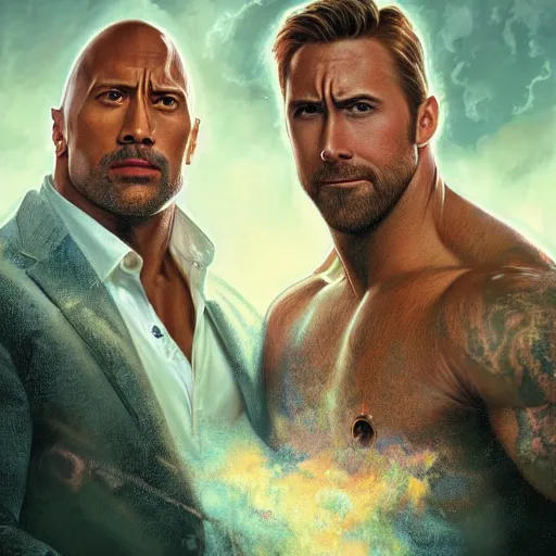 Image similar to Dwayne Johnson and Ryan Gosling Save the World, fantasy, intricate, elegant, highly detailed, digital painting, artstation, concept art, smooth, sharp focus, illustration, art by artgerm and greg rutkowski and alphonse mucha