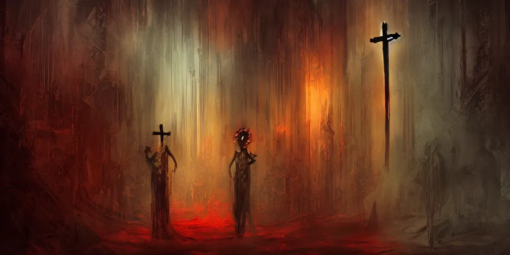 Image similar to dark satanist figures, red smoke, turned cross, inside big golden church hallway, creepy, concept art, style of anato finnstark,