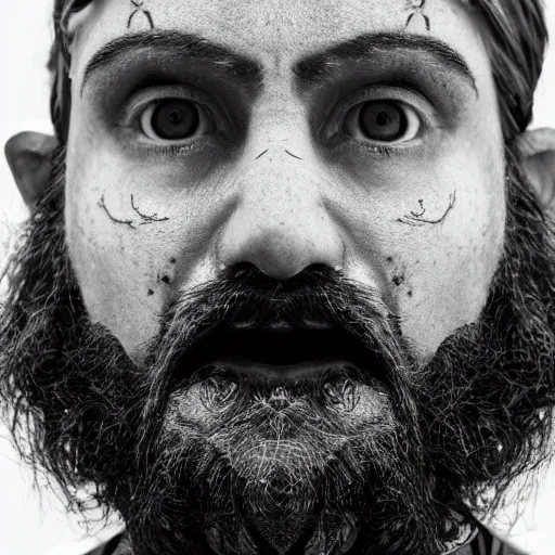 Prompt: symmetrical, close up face portrait of cannibal shia labouf, covered in sesame street tattoos, studio lighting, depth of field, photography, black and white, highly detailed