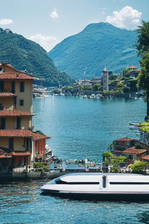 Image similar to Photo of a Riva Aquarama floating near a dock with Lake Como in the background, wide shot, daylight, blue sky, summer, dramatic lighting, award winning, highly detailed, 1980s, luxury lifestyle, fine art print, best selling.