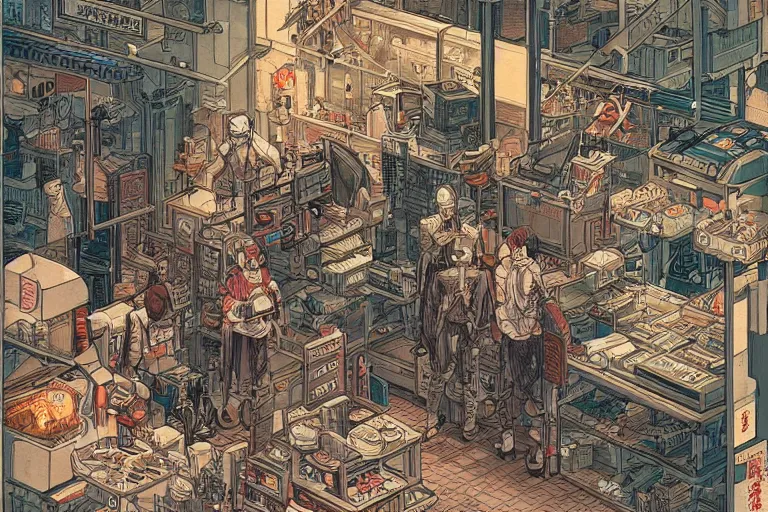 Prompt: cyberpunk japanese merchants in their shop, Industrial Scifi, detailed illustration, character design, intricate, by Martin Grip and Moebius