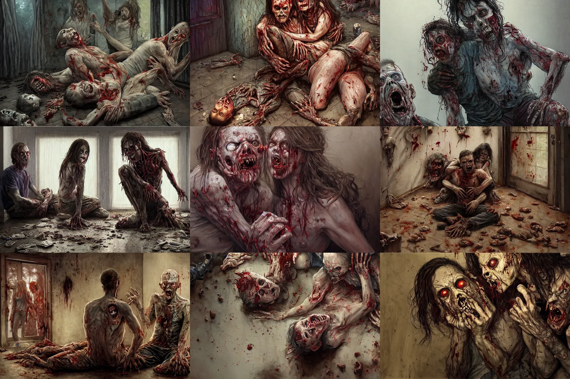 Prompt: zombie man sitting on the floor while devouring a woman, hugging each other in living room of a modern house | panoramic view | highly detailed | very intricate | symmetrical | cinematic lighting | award - winning | closeup portrait | painted by donato giancola and mandy jurgens and rossdraws and karla ortiz | featured on artstation, dawn of the dead, walking dead