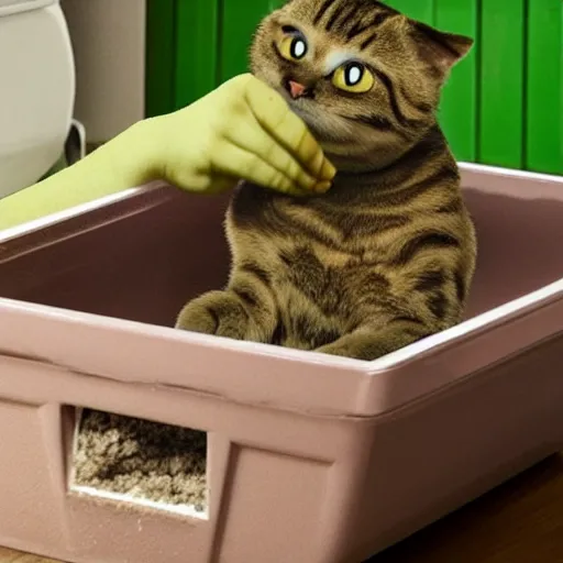 Prompt: shrek poops in a cat litter box