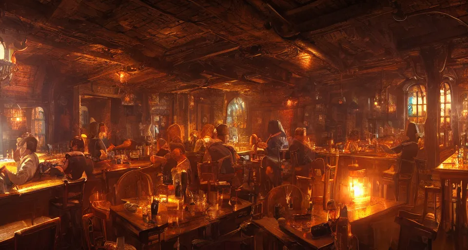 Image similar to alchemy tavern, hyperdetailed, artstation, cgsociety, golden hour 8 k, volumetric lighting