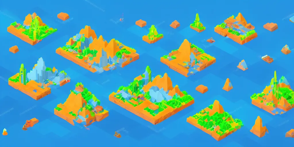 Image similar to an isometric colorful videogame world, epic mountains, azure ocean in the background, blocks