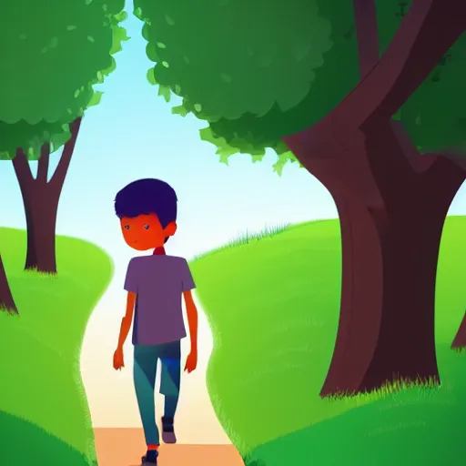 Prompt: 2 d young boy walking to school on a suburban street with trees, design, vector art, digital art, portrait, 4 k, 8 k, sharp focus, smooth, illustration, room, concept art