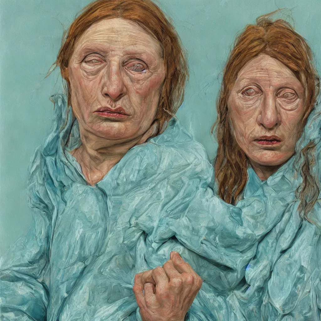Prompt: high quality high detail painting by lucian freud, jenny savile, unsettling portrait, turquoise, hd