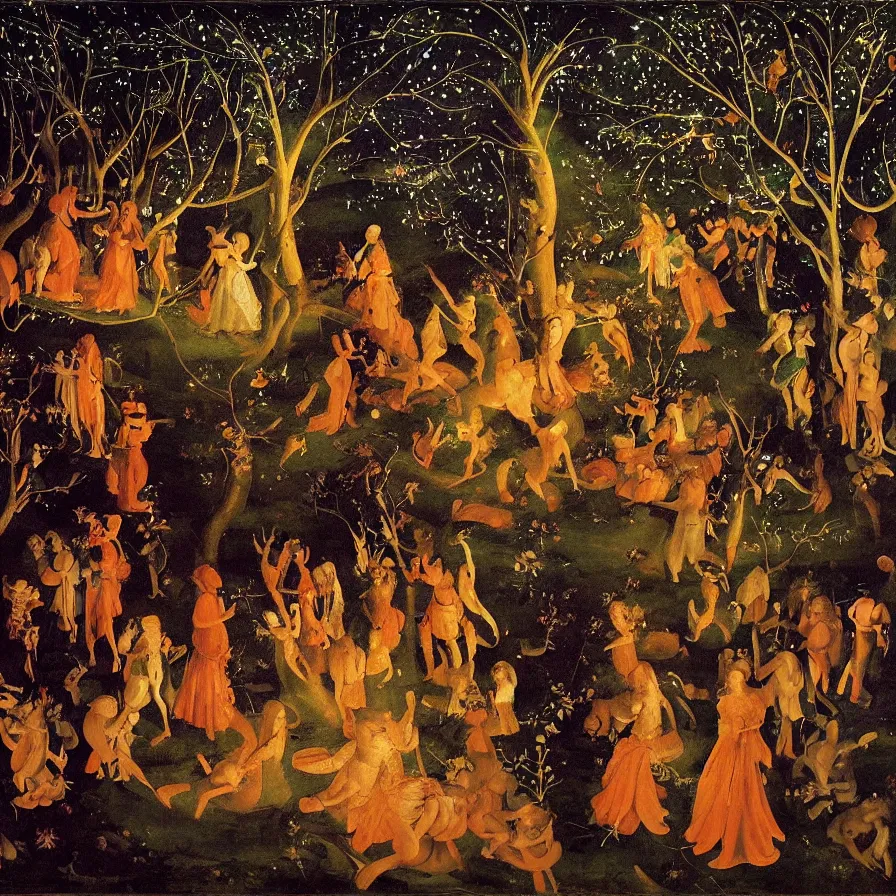 Image similar to renaissance painting of a night carnival around a magical tree cavity, with a surreal orange moonlight and fireworks in the background, next to a lake with iridiscent water, christmas lights, folklore animals and people disguised as fantastic creatures in a magical forest by summer night, masterpiece painted by coby whitmore, scene by night, dark night environment, refraction lights, glares