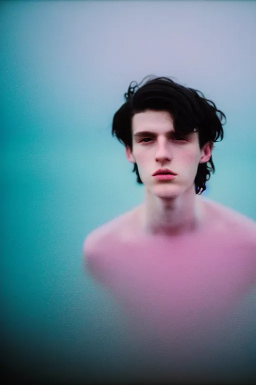 Prompt: high quality pastel coloured film mid angle docu photograph of a beautiful young 2 0 year old male, soft features, short black hair, wearing coat, falling into in an icelandic black rock pool environment. atmospheric. three point light. photographic. art directed. ( pastel colours ). volumetric light. clearcoat. waves glitch. 8 k. filmic.