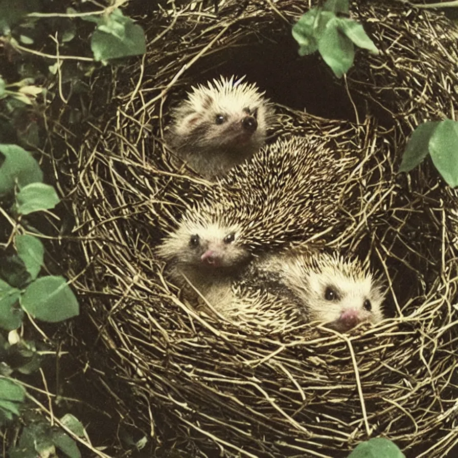 Prompt: a still from a vhs video, of a hedgehog sitting in a birds nest, in a tree