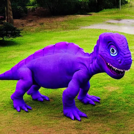 Prompt: Barney the purple dinosaur fighting a real life dinosaur, amateur photo