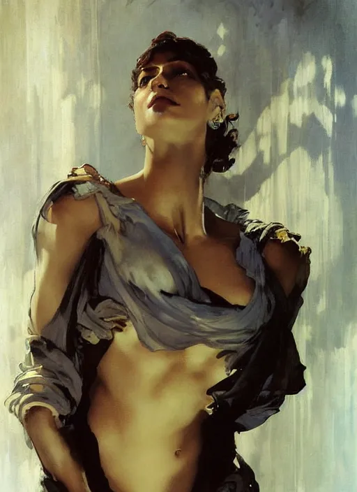 Prompt: beautiful painting, studio portrait of a woman with white linen in greece by yoji shinkawa frank frazetta, charlie bowater, magali villeneuve, j. c. leyendecker,