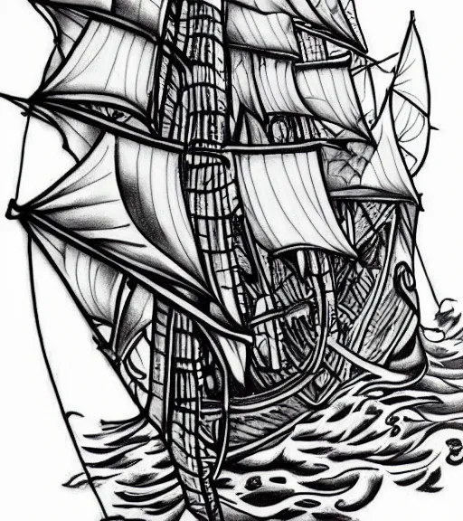 Image similar to White background tattoo design of a magical pirate ship, realism tattoo design, highly detailed tattoo, shaded tattoo, hyper realistic tattoo