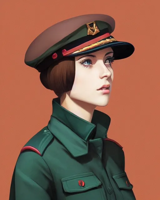 Image similar to portrait of young woman with light brown hair and hazel eyes dressed in a sharp dark teal military uniform with beret, ilya kuvshinov, anime, digital painting
