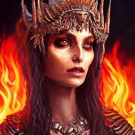 Prompt: Closeup of realistic Sumerian Death Queen with small bones covering vest and flowing fire and smoke , fantasy, intricate, elegant, highly detailed, digital painting, artstation, concept art, matte, sharp focus, illustration, hearthstone, art by Artgerm and Greg Rutkowski and peter mordenbacher