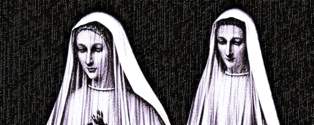 Image similar to vhs static overlay of marian apparition, vhs, 1 9 9 0, highly realistic, highly detailed, vhs noise static, black and white, vhs glitch