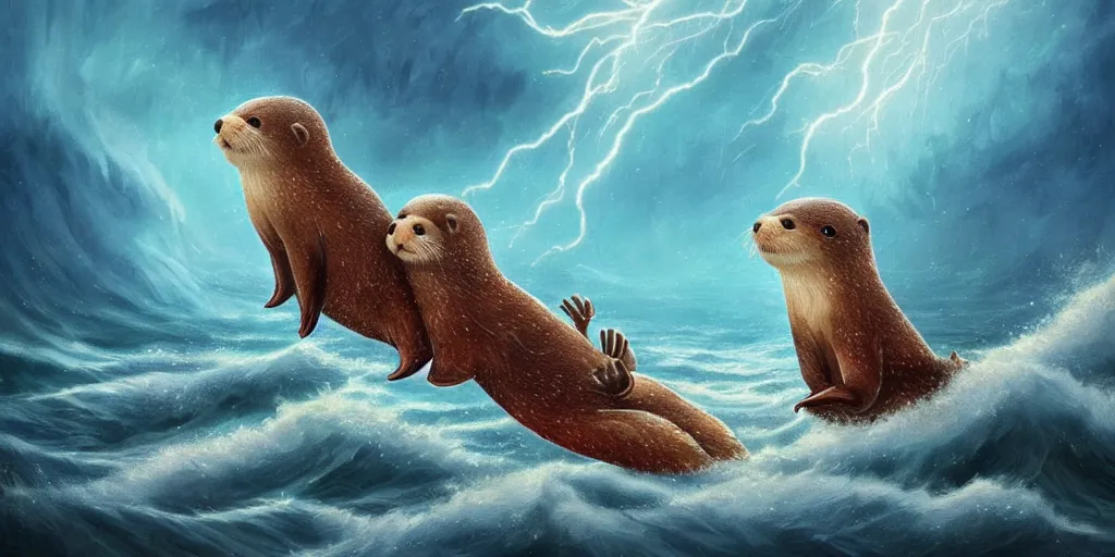 Image similar to beautiful incredible fantasy illustration of a pair of adorable otters falling in love holding hands in a huge storm at sea cinematic dreamlike detailed trending on artstation masterpiece