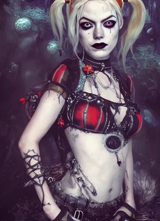 Image similar to underwater dark goth gothic steampunk portrait of emma stone as harley quinn, full moon, hyper detailed, digital art, cinematic lighting, studio quality, smooth render, unreal engine 5, octane rendered, art style by klimt and nixeu and ian sprigger and krenz cushart.