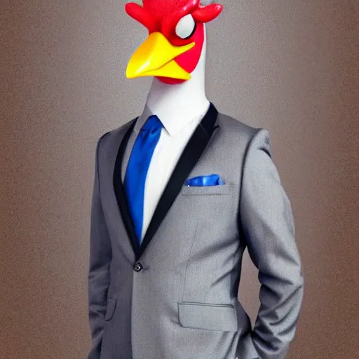 Image similar to a high quality photo of an antropomorphic chicken wearing a suit, 8k, digital art