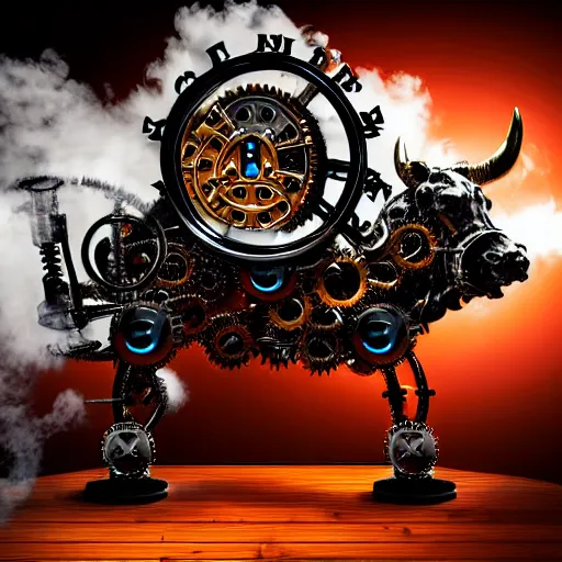 Image similar to a clockwork mechanical bull there are gears sticking out of the mechanical bull steam emanates from the robotic bull and thick clouds of steam swirl around the clockwork bull, ultra high detail, high particle effects, highly reflective surface, realistic reflections