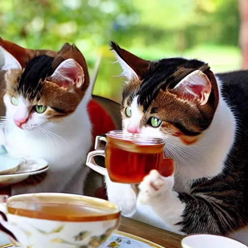 Image similar to 3 cats ( two calico and one tabby ) enjoying fancy english tea together, flickr explore