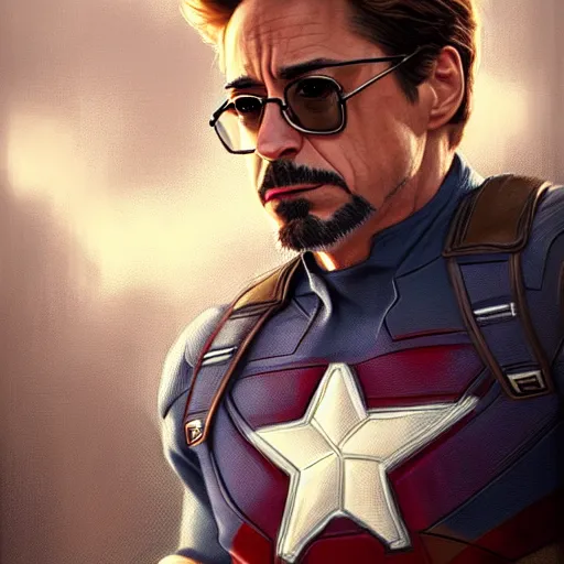 Prompt: handsome Robert Downey Jr as Captain America, western, closeup, D&D, fantasy, intricate, elegant, highly detailed, digital painting, artstation, concept art, matte, sharp focus, illustration, art by Artgerm and Greg Rutkowski and Alphonse Mucha