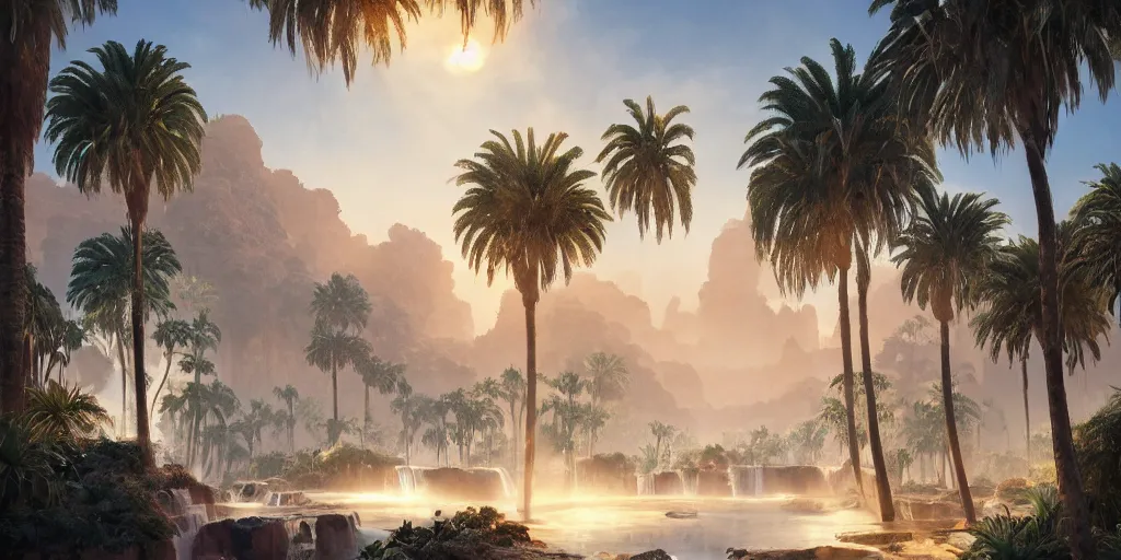 Image similar to beautiful oasis waterfalls surrounded by palm trees moroccan tile archways, date trees, ivory towers sunset peter morbacher ross tran angelarium greg rutkowski alchemy luxury heavenly light soft illumination, trending on artstation cinematic lighting digital painting octane render, artgerm