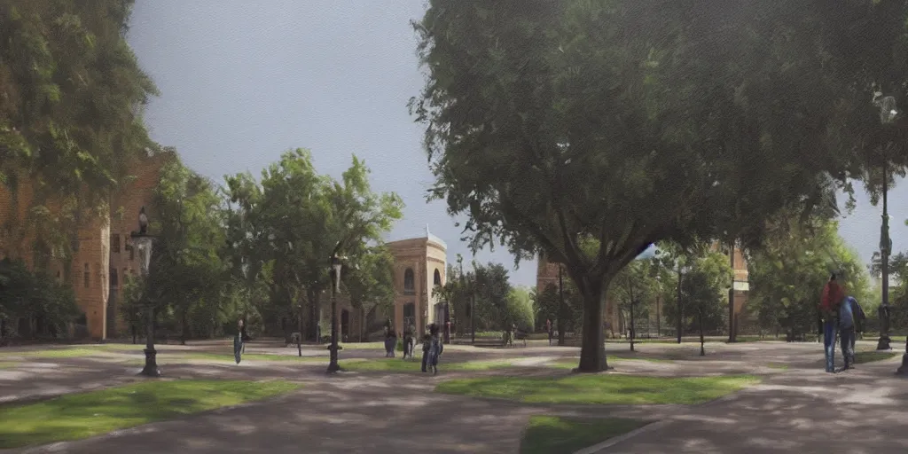 Prompt: university campus, cinematic lighting, detailed oil painting, hyperrealistic, 8k