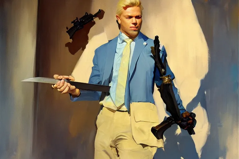 Image similar to greg manchess portrait painting of a blond man in a blue suit with a sword and a pistol, asymmetrical, profile picture, organic painting, sunny day, matte painting, bold shapes, hard edges, street art, trending on artstation, by huang guangjian, gil elvgren, ruan jia, randy vargas, greg rutkowski